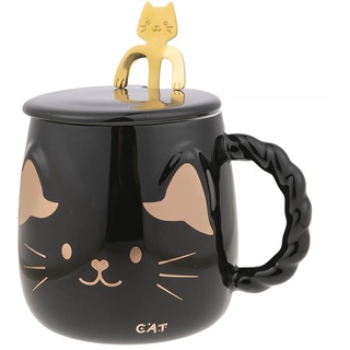 lachineuse Tasse aus Porzellan mit japanischer Katze – mit Deckel & Löffel – 425 ml – Frühstück & Entspannungspause – Kaffee, Tee, heiße Schokolade – Geschenkidee Asien, China, Japan – Farbe Schwarz