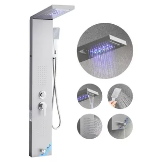 Vevor Duschpaneel-Turmsystem mit Regenwasserfall-Duschkopf - LED, (1345 mm) Duschsäule aus gebürstetem Edelstahl, Regenmassagesystem mit Handbrause, & Wannenauslauf