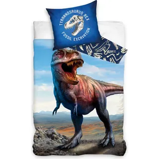 Dinosaurier - Wende-Bettwäsche-Set, 135x200 & 80x80, Dino T-Rex - Blau
