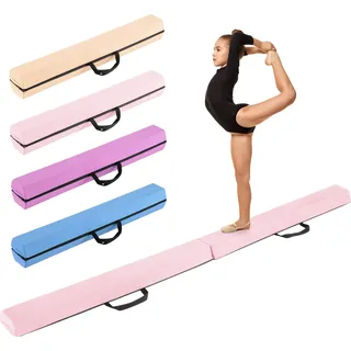 COSTWAY 210 cm zusammenklappbarer Schwebebalken, Turnbalken mit Schaumstoffboden, abnehmbarem Wildlederbezug & rutschfester Unterseite - Rosa