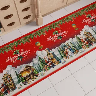PETTI Artigiani Italiani - Weihnachts-Küchenläufer, Rutschfester und waschbarer Weihnachts-Küchenteppich, Weihnachtsteppich 52x100 cm Weihnachtsmanndorf, Made in Italy