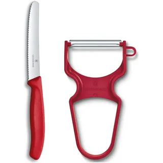 Victorinox Swiss Classic Gemüsemesser-Set, 2-teilig, Inkl. Tomatenmesser Wellenschliff und Sparschäler, Scharfe Klinge, Spülmaschinengeeignet, rot