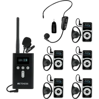 Retekess T130P (T130 3rd) Tour Guide System-Headsets, Übersetzungsgerät, Abgestufte Rauschunterdrückung, 160 m Simultandolmetschausrüstung für Gerichte (1 Sender, 5 Empfänger)