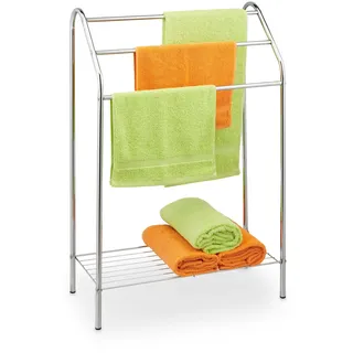 Relaxdays Handtuchständer, 3 Stangen, Ablage, freistehend, Stahl, HxBxT: 83,5x57,5x25,5 cm, Duschtuchhalter Bad, Silber