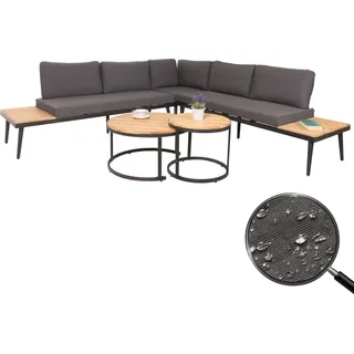 Mendler Garten-Garnitur HWC-H54c, Lounge-Set, Beistelltisch Spun Poly Akazie Holz Stahl hellbraun, Kissen dunkelgrau