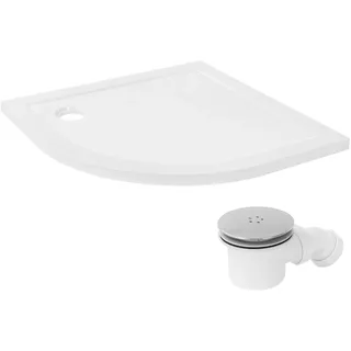 LuxeBath Duschwanne 90x90 cm Weiß mit Ablaufgarnitur, Duschtasse Komplett Set, Runde Brausewanne H:40 mm aus SMC, Viertelkreis - Radius 55 cm, Hochglanzoptik, Extra flache Brausetasse mit Siphon