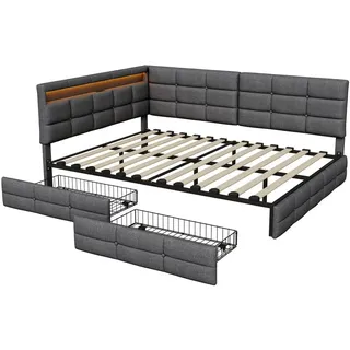 EuroLiving Polsterbett 140x190 cm Tagesbett mit 2 Schubladen, LED & Usb, Doppelbett mit L-förmigem Kopfteil, Grau , Metall , 140x190 cm , Schlafzimmer, Betten, Polsterbetten