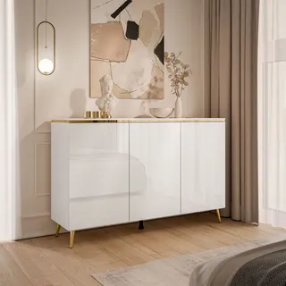 Dreitürige Kommode AURORA II weiß glänzend auf Beinen mit schäge gold Chrom Beine - Weiß, Gold