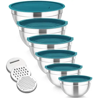 TEAMFAR Rührschüssel 6er Set, Edelstahl Schüssel Salatschüssel Set mit Luftdichtem Deckel für Backen Vorbereiten, 3 Reibenaufsätzen, 4,6L/2,8L/2,5L/1,6L/1,2L/0,7L & Stapelbar & Spülmaschinenfest, Blau