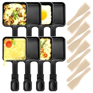 Kosmosta 8er Set Raclette Pfannen Quadratisch mit Extra Langem Griff, 8 Holzspatel, Antihaftbeschichtung, Große Raclette Grillpfanne, Ersatz Zubehör für Raclette Geräte