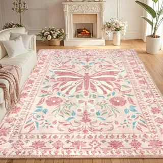 TUKDAK Schmetterling Teppich Wohnzimmer 200x280cm, Moderner Kurzflor Teppich Schlafzimmer, Waschbar Anti-Rutsch Teppiche Teppichen für Kinderzimmer, Frühling Sommer