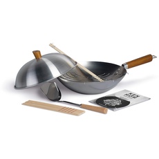 Ken Hom KH331103 Carbonstahl Wokpfanne Set, 31cm, Classic, Wok mit Deckel, Kochbuch, Ablagegitter und Zubehör, Nicht Induktion, Nicht spülmaschinenfest