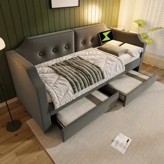okwish Schlafsofa Daybett 90x200cm mit Lattenrost aus holz, Tagesbett Kinderbett Jugendbett mit USB-Type-C Leselicht und 2 Stauraum Schubladen(Ohne Matratze)- Grau - Grau