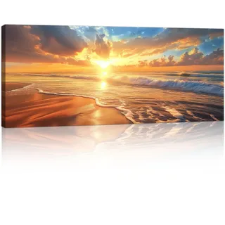 Groß Strand Sonnenuntergang Meereslandschaft Leinwandbilder Bilder Mit Rahmen, Natur Orange Küstenlandschaft bild auf leinwand Wandkunst Modern Wandbilder Deko für Wohnzimmer Schlafzimmer 50×120cm