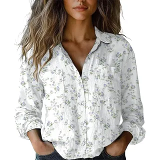 Boho Musselin Bluse & Tuniken für Damen Blumenmuster Elegant Sommer Ausgefallene Leinenbluse Tunika Große Größen Langarm Longbluse Damenblusen