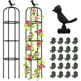 Klimhilfe Obelisk 2 Stück 145 cm Kunststoff abnehmbare Rosen mit Vögel Dekoration und 20 Pflanzenklemmen - für Blumen und Tomaten