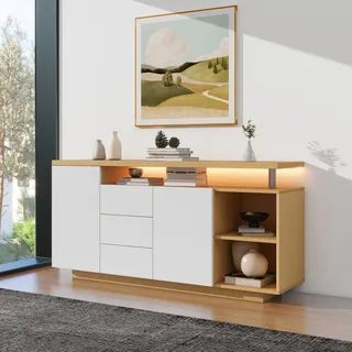 MODFU Sideboard Kommode mit 2 offene Fächer,Beistellschrank mit 2 Türen und 3 Schubladen,140 cm Buffetschrank mit LED-Beleuchtung,weiß - Weiß