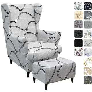 Alishomtll 3 Teilig Ohrensessel Überzug Mit Ottomane Schonbezug Stretch Sessel-Überwürfe Elastisch Sesselhusse Strandmon Tiger Stuhlbezug mit Armlehne Hohe Rückenlehne Universal (Grau Linie)