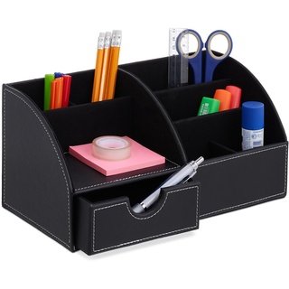 Relaxdays Schreibtisch Organizer, Büroorganizer mit 6 Fächern & Schublade, HBT: 14 x 28,5 x 15 cm, Stiftehalter, schwarz