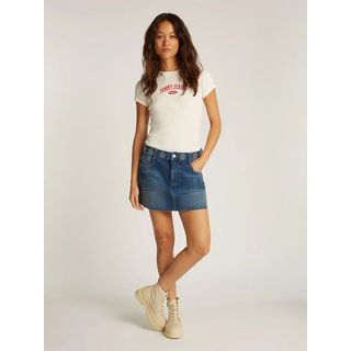 Jeansrock TOMMY JEANS "STUDDED DENIM MINI SKIRT AI9057", Damen, Gr. 32, blau (denim schwarz), Denim/Jeans, Obermaterial: 100% Baumwolle, unifarben, straight fit mini, Röcke Jeansrock, mit Strass-Details