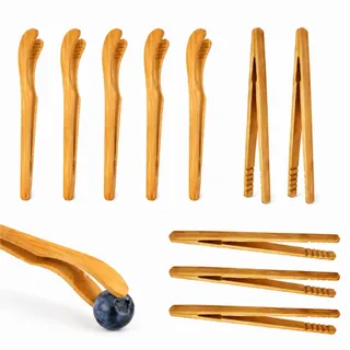JOVYTH 10 Stück Holzzange – Bambus Küchenzange Klein, Grillzange Aus Holz Für Salat, Grillen & Braten, Toastzange Aus Bambus, Hitzebeständig, Wiederverwendbar
