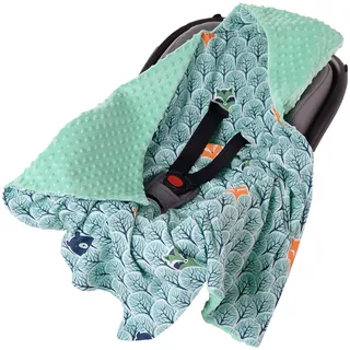 Medi Partners Einschlagdecke Baby Babyschale 100% Baumwolle für Sommer 85x85cm Kinderwagen Kuscheldecke universal Baby Decke Einschlagdecken Babydecke Buggy Autositz (Wald mit minzer Minky)
