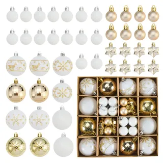 Weiß und Gold Weihnachtskugeln Kunststoff Set, 44 Stück Weihnachtsbaumschmuck Christbaumkugeln Deko Weihnachten Weihnachtsbaumkugeln Plastik Weihnachtsschmuck