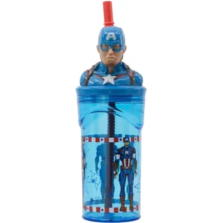 Stor Original Marvel Captain America 360 ml Becher für Kinder mit integriertem Strohhalm und 3D-Figuren berühmter Filmfiguren.