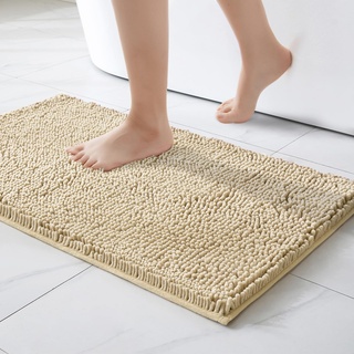 MIULEE 60x90cm Chenille Badematte rutschfest Badvorleger Badteppich rutschfest Waschbar Absorbierende Duschvorleger für Badezimmer Beige