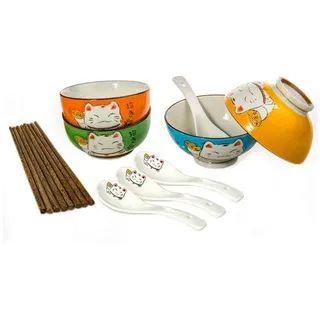 Lachineuse - 4er-Set Maneki Neko Katze Schalen – 4 Schalen, 4 Paar Essstäbchen & 4 Löffel – Müslischalen, Reisschüsseln, Suppenschalen – Japanisches Geschirr – Japan China – Geschirr-Geschenkset Deko