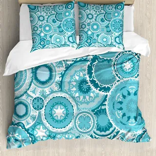 ABAKUHAUS Wasser Bettbezug Set, Stammes-Hippie-ethnische Blumenblatt-Mandala rundet traditionellen Element-Druck, 200 x 200 cm + 80 x 80 cm, Turquoise Teal weiß