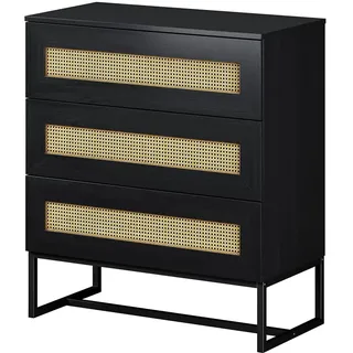 Selsey Kerals - Kommode/Schubladenschrank in Schwarz mit Rattan-Einsätzen und Metallfüßen, 80 cm breit
