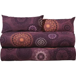 Erwin Müller Bettwäsche, Bettgarnitur Sparpaket 4-TLG. Flanell - Mandala - mollig warm, temperaturregulierend, mit praktischem Reißverschluss - aubergine Größe 40x80 cm / 135x200 cm
