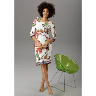 Jerseykleid ANISTON SELECTED, Damen, Gr. 48, N-Gr, bunt (weiß, bunt, bedruckt), Milano Rib, Obermaterial: 85% Viskose, 10% Polyester, 5% Elasthan, bedruckt, geblümt, gestreift, figurumspielend kniefrei, Rundhals, Kleider Jerseykleid, mit gestreiften Abschlüssen