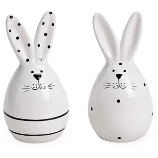 TEMPELWELT® Deko Figur Hase Osterhase im 2er Set je 11 cm, Keramik weiß schwarz Landhaus Stil, Dekofigur Osterei Ei mit Hasenohren, Osterdeko für Frühling Ostern