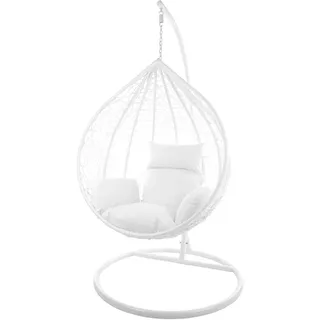 KIDEO Komplettset: großer Hängesessel mit Gestell & Kissen, Korbsessel, Poly-Rattan (Korb & Gestell: weiß, Kissen: weiß Nest (1000 Snow))
