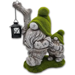 Wichtelstube-Kollektion Gartenzwerge Moos Wichtel für den Garten XXL mit Laterne Gartenfigur aus Stein Gartendeko Figuren beflockt Gartenfiguren Frühlingsdeko