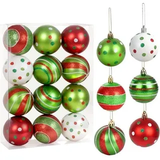 Unyqoos® 12er-Set glitzernde Weihnachtskugeln – rot/weiß, Kunststoff, 6 Designs, mit Aufhängeschnüren & transparenter Aufbewahrungsbox - Rot, Grün, Weiß