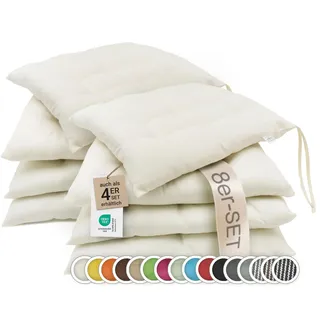 ZOLLNER 8er Set Sitzkissen in 40x40cm - gemütliche Stuhlkissen mit Bindebänder - waschbar bis 30°C - in Creme - Oeko Tex® Zertifiziert
