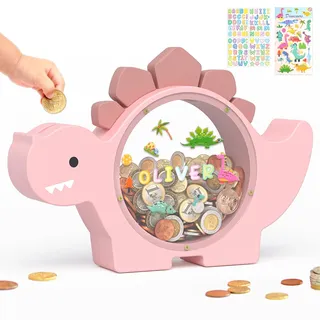 Summidate Dinosaurier Sparschwein aus Holz für Kinder und Jungen, süße Dino Spardose aus Holz für Kleinkinder, kreatives Sparschwein, personalisiertes Geschenk für Kindergeburtstag und Dekoration