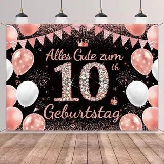 Tasoraor Deko 10. Geburtstag Hintergrund Mädchen - Schwarz Roségold Geburtstagsdeko 10 Jahre, Polyester Stoff Extra Große Geburtstagsbanner für Fotobox und Kindergeburtstags 110 x 150 cm