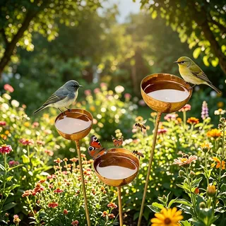 JACKANNA Gartendeko Vintage 3er Vogeltränke Balkon Insektentränke Metall Rostige Gartenstecker für Draußen Wetterfest Edelrost Edelrostoptik Rostiger Beetstecker Topfstecker (A)