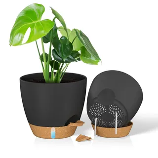 ZMTECH 25 cm Blumentöpfe mit Untersetzer, Kunststoff Übertöpfe mit Selbstbewässerung, Pflanzkübel mit Wasserstand für Innen/Außen (2er-Set, Schwarz)