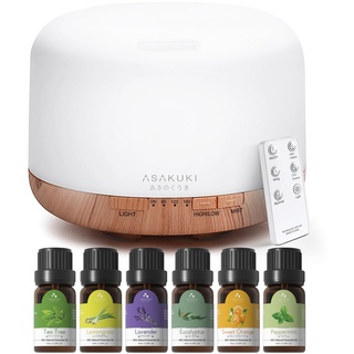 ASAKUKI 500mL Aroma Diffuser für ätherische öle, Enthält 6 ätherische Öle, Luftbefeuchter mit Timer, Automatische Abschaltung bei Wasserlosem Zustand, und 7 Arten LED Lichtfarben