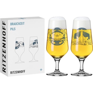 RITZENHOFF 3471004 Bierglas 300 ml - 2er Set - Serie Brauchzeit, Set Nr. 4 - Motiv Meer, Grau und Blau - Made in Germany