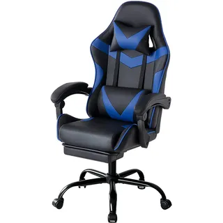 SURFOU Gaming Stuhl Ergonomischer Bürostuhl mit Stoffpolster, Fußstütze, Kopfstütze und Lendenstütze, höhenverstellbar, gepolstert, für PC und Gamer, bis 150kg, Drehstuhl, Schwarz-Blau