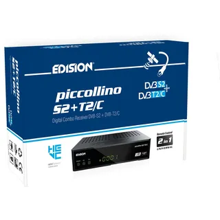 Edision PICCOLLINO S2+T2/C Combo HD-Receiver H.265/HEVC (DVB-S2, DVB-T2, DVB-C | ARD-ZDF SD Abschaltung tauglich) Unicable tauglich, 2in1 RCU, HDMI, AV, LAN, Vorinstallierte deutsche Programmliste