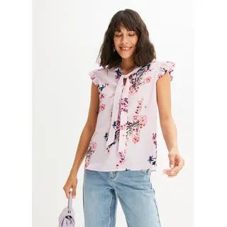 Schluppenbluse BONPRIX, Damen, Gr. 50, rosa geblümt, Web, Obermaterial: 97% Polyester, 3% Elasthan, loose fit, Blusen Schluppenbluse, lockerer Schnitt, eleganter Stil, mit kurzen Volantärmeln