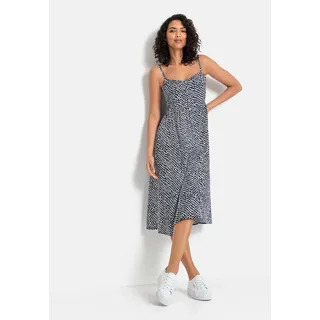 Sommerkleid LASCANA "aus Leinenmix mit Zierknopfleiste mit Pünktchendruck", Damen, Gr. 36, N-Gr, blau (marine, creme bedruckt), Web, Obermaterial: 58% Viskose, 28% Baumwolle, 14% Leinen, bedruckt, figurumspielend ca. Mitte Wade, V-Ausschnitt, Kleider Sommerkleid, Midikleid, Strandkleid, Webkleid, Leinenkleid