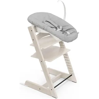 Tripp Trapp Stokke Stuhl (gebleicht) mit Newborn Set (grau) ab der Geburt bis 9 kg verwendbar - bequem, sicher und einfach in der Anwendung